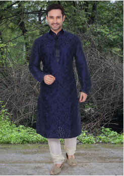 Blue Color Dupion And Art Silk Fabric Kurta Set